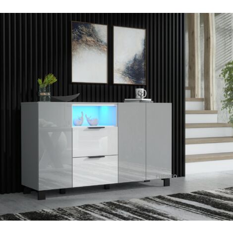 Furneo Sideboard Grey White High Gloss Matt Cabinet Cupboard Unit Blue LED Lights Enzo 16