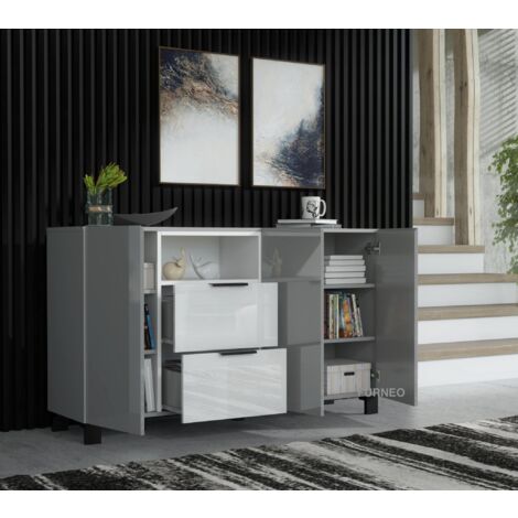 Furneo Sideboard Grey White High Gloss Matt Cabinet Cupboard Unit Blue LED Lights Enzo 16