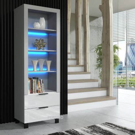 Furneo Display Cabinet Grey White High Gloss Matt Modern Storage Cupboard Blue LED Lights Enzo 18
