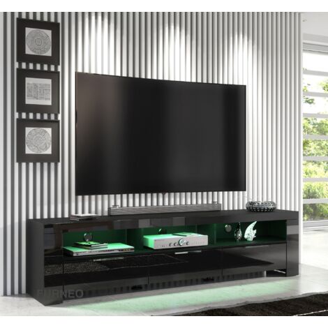 Furneo 200cm Black Long TV Stand Unit Cabinet Matt & High Gloss RGB (multicoloured) LED Lights Phantom 10