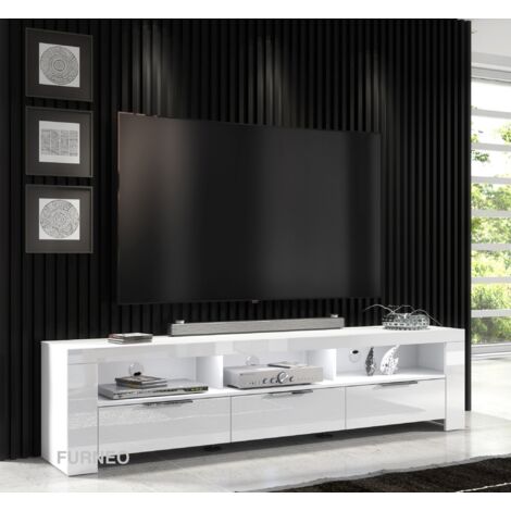 Furneo 200cm White Long TV Stand Unit Cabinet Matt & High Gloss White LED Lights Phantom 10 (1/5)
