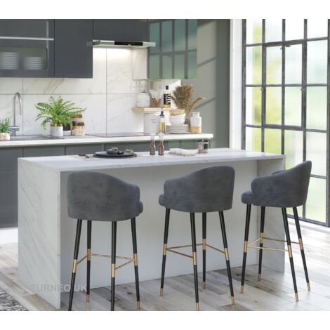 Furneo Kitchen Island Modern Breakfast Bar Cupboard White Marble Grey Stone Effect KI06