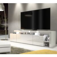 Furneo White TV Stand 186cm Unit Matt & High Gloss Indisio01 White LED Lights