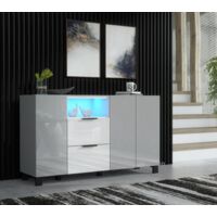 Furneo Sideboard Grey White High Gloss Matt Cabinet Cupboard Unit Blue LED Lights Enzo 16