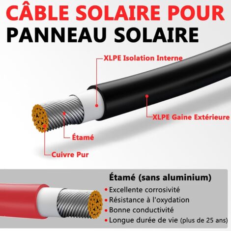 Câble Solaire 10m 6mm² H1Z2Z2-K - Câble Photovoltaïque UV Résistant Pour Panneaux Solaires