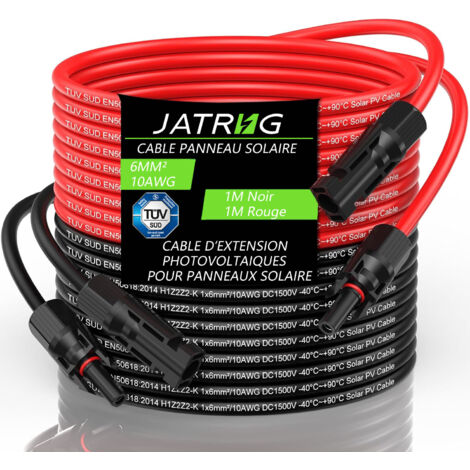 Jatrhg – Câble solaire 6mm² 1M – Rallonge photovoltaïque 1500V DC, 10AWG – Connecteurs mâle/femelle, IP68, anti-UV, certifié TUV – Câble d’extension haute résistance