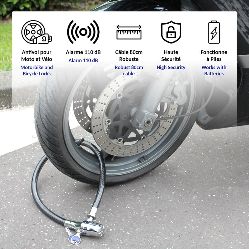 Antivol Vélo, Moto Cable 80 cm + 2 Clés - Alarme 110 dB