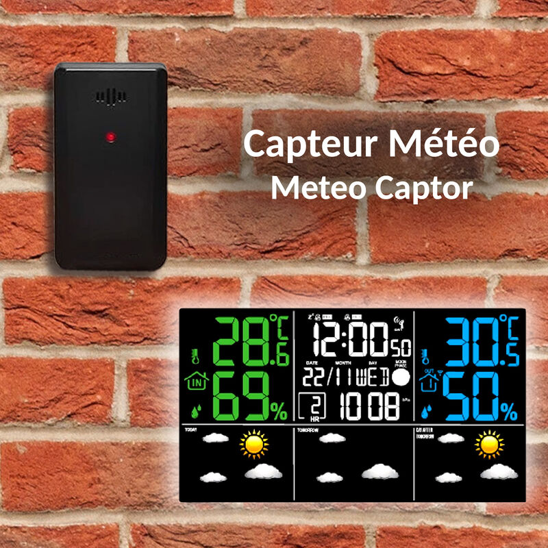 Station météo Fishtec Station Meteo LCD Couleurs avec Capteur Exterieur  Sans Fil - Previsions Meteo J+3 - Grand Ecran LCD - Fonction Calendrier,  Horloge, Alerte Gel