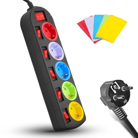 Fishtec – Multiprise Schuko 5 prises couleurs – Câble 180 cm – 16A 3680W – Interrupteurs individuels pour gestion énergie