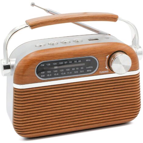 Fishtec – Radio vintage USB – Écoute FM/AM/SW – Lecteur MP3 et Micro SD – Design en bois et métal – Antenne rétractable – 20,5 x 12,5 x 8 cm