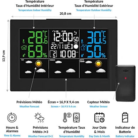 Station météo LCD avec bulletin météo à J+3- Thermomètre int./ext