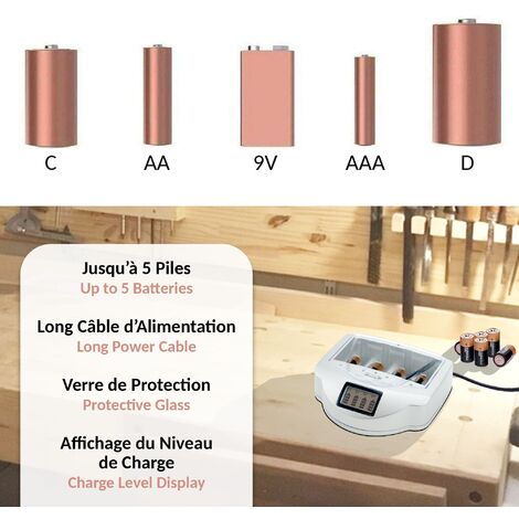 Chargeur Universel de Piles Alcalines et C/D/AA/AAA/6LR61 Ni-Cd Ni-Mh FISHTEC