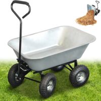 Fishtec – Brouette de jardin 4 roues 75 L – Benne basculante en métal galvanisé – Charge maximale 250 kg – Roues tout terrain Ø260mm
