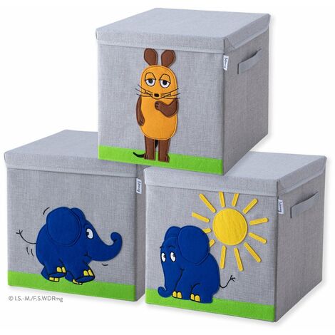 Lifeney meets Die Maus 3x Aufbewahrungsbox mit Deckel für Kinder – Boxen mit der bekannten Maus und dem beliebten Elefanten im 3er Set – 33 x 33 x 33 cm passend für klassische Würfelregale-833902