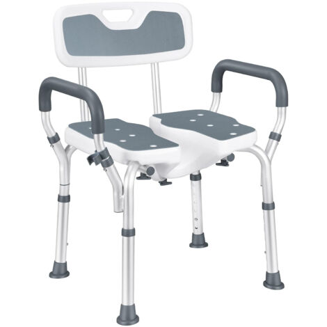 Tabouret de douche réglable en hauteur – Découpe hygiénique – Charge max 180 kg – Accoudoirs rembourrés et antidérapants – Pour personnes âgées