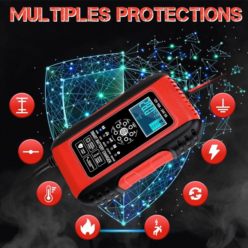 Chargeur De Batterie 12V 10A Intelligent - Pour Voiture, Moto, AGM, Gel, LiFePO4 - Écran LCD, Réparation, 6 Modes
