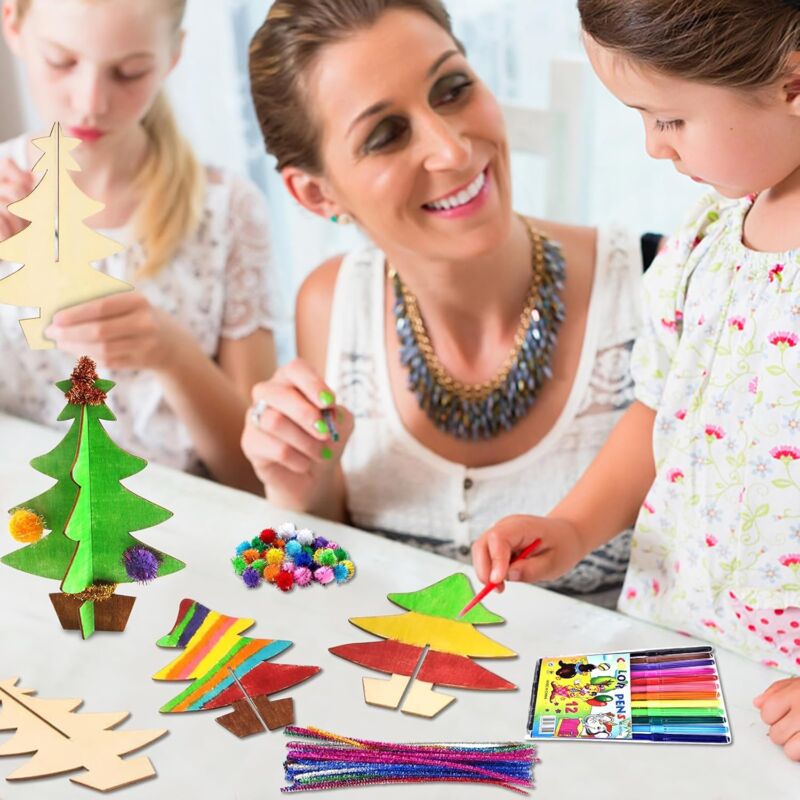 Bluelves 10 Pièces DIY Sapin De Noël En Bois 3D - Décoration De Table, Ornement Pour Maison Et Cheminée, Loisirs Créatifs Pour Enfants