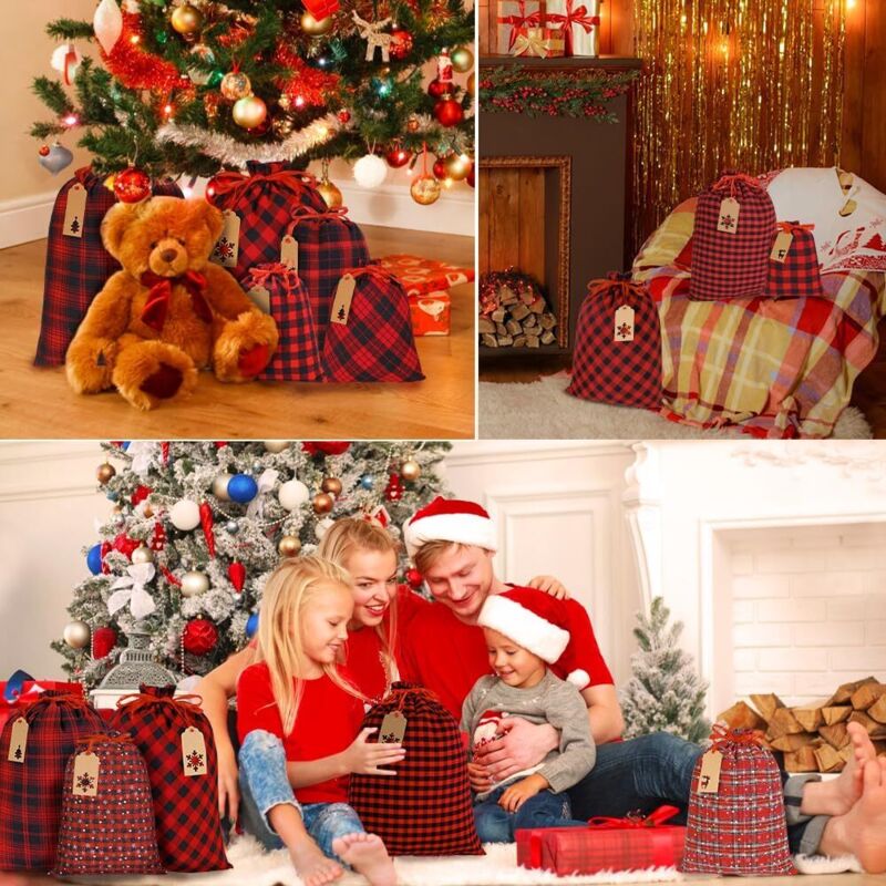 12 Sacs De Noël En Tissu Avec Cordon - 20x30cm - Polyester Robuste - Couleurs Assorties - Pour Cadeaux Et Dragées