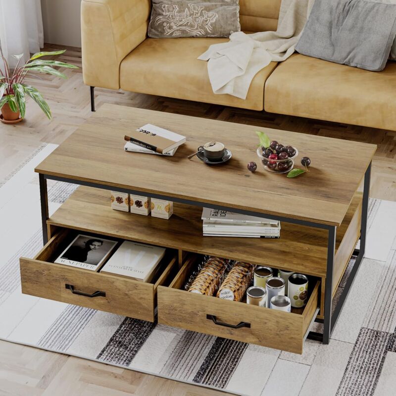 Table Basse Réglable En Hauteur Et Extensible - Design Industriel Avec Rangements, Chêne Et Métal