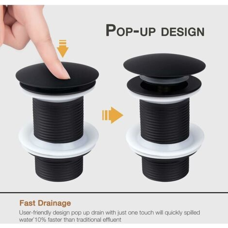 Bonde de Lavabo Noir Sans Trop Plein, Bonde de Lavabo Pop Up Noir Universelle, Bonde de Vidage Sans Trop Plein, Bonde de Vidange Sans Trop Plein, Bonde Pop Up Automatique pour Vasque a Poser,	  Bluede