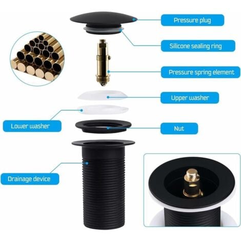 Bonde de Lavabo Noir Sans Trop Plein, Bonde de Lavabo Pop Up Noir Universelle, Bonde de Vidage Sans Trop Plein, Bonde de Vidange Sans Trop Plein, Bonde Pop Up Automatique pour Vasque a Poser,	  Bluede