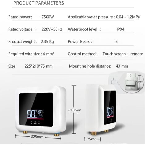 7500W Chauffe-eau électrique instantané pour douche, sans réservoir sous évier, mini chauffe eau portable, Chauffe de 30°C à 55°C, Panneau DEL Bluedeer
