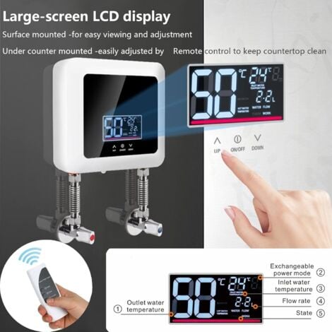 7500W Chauffe-eau électrique instantané pour douche, sans réservoir sous évier, mini chauffe eau portable, Chauffe de 30°C à 55°C, Panneau DEL Bluedeer