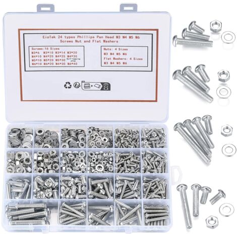 1080 pièces Ensemble de vis et écrous à tête cylindrique Phillips, M3/M4/M5/M6 Vis autotaraudeuses à tête plate, boulons, écrous, rondelles plates de blocage, kit d'assortiment pour accessoires de fix (1/5)