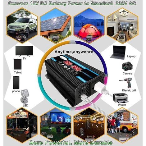 Convertisseur 12V 220V Pur Sinus 4000W Onduleur à Onde Sinusoïdale Pure Transformateur avec Télécommande & Double AC Prises de Courant pour RV Voiture de Camion