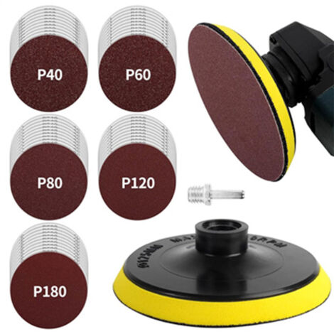 Patins de ponçage de 125 mm avec filetage M14, 50 disques de ponçage pour meuleuse d'angle, 10 x 40/60/80/120/180 grains pour ponçage/polissage/élimination de la rouille- Tampon de ponçage et tampon (1/5)