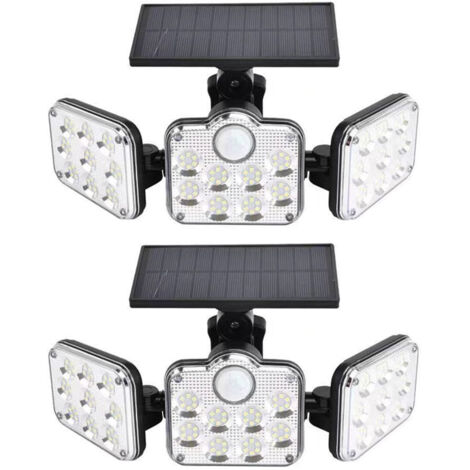 Lot de 2 projecteurs solaires extérieurs 138 LED 2200 lm avec télécommande, étanche IP65, 3 têtes réglables, grand angle 270°, lumière de sécurité sans fil pour garage, terrasse, porche, jardin (1/4)