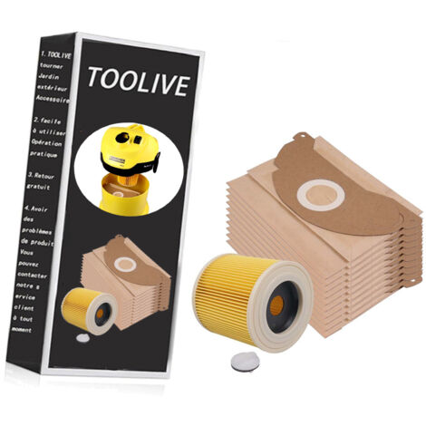 Lot de 10 sacs d'aspirateur + filtre pour Kärcher A 2004 A 2024 A 2054 MV 2 Karcher 6.904-322 Sacs en papier Kärcher MV2 WD2 Premium pour fonctionnement à sec- (1/5)