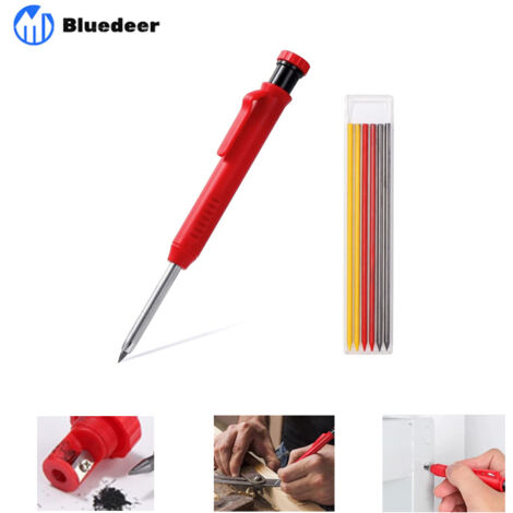 6Crayon chantier-Crayon de charpentier avec 7 Recharges, solide et extensible menuisier taille-crayon intégré, outils marquage porte-mines pour Verre, Céramique, Bois, (Tischler Bleistift)