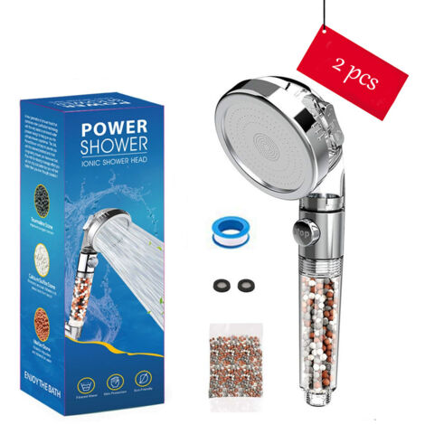 Lot de 2 Pommeau de Douche Économique Anti-Calcaire & Bouton STOP Eau avec une Recharge de Pierres Offerte H198 (1/5)