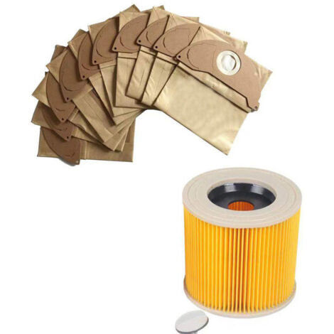 Investissez dans un pack de 10 sacs d'aspirateur + filtres pour Kärcher A 2004 A2204 A 2054 MV 3 Karcher A2000/A2003/A2004/A2014 A2024/A2054/A2064/A2074/WD2200/WD2210/WD2240/WD2250 Sacs en papier de h (1/5)