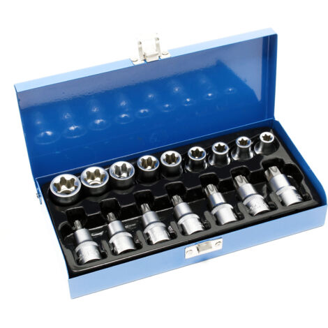 Wiltec – Jeu de douilles torx mâle 16 pièces – Acier chrome vanadium – Entraînement ½' – Coffret métal avec 9 douilles E et 7 douilles T (1/3)