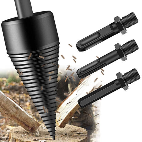 Ouylaf – Foret conique 42mm pour fendeuse de bois – Acier haute teneur en carbone – Compatible avec perceuses à tige ronde et hexagonale – Inclus 3 poignées
