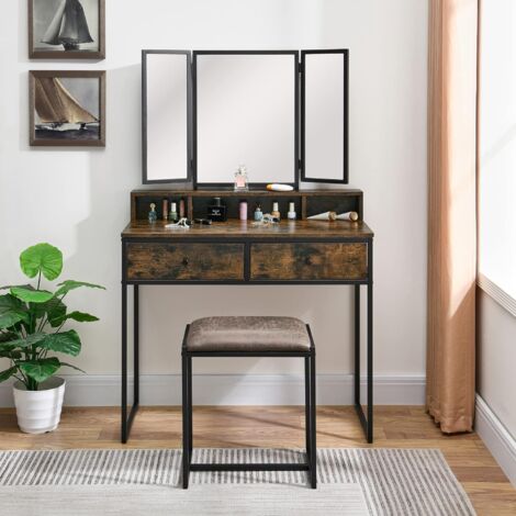 Coiffeuse 3 miroirs avec tabourets et 2 tiroirs avec miroir pour ...