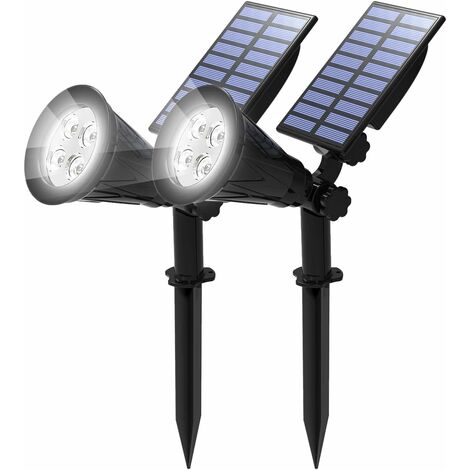 [2 Pack] LED Solaire Projecteur, Lampe Solaire de 4 LED, étanche Extérieur Lampe Jardin，éclairage de Sécurité Paysage Lumière pour Chrismas Arbre, Clôture, Patio, Fête.(Blanc Froid 6000K) (1/5)