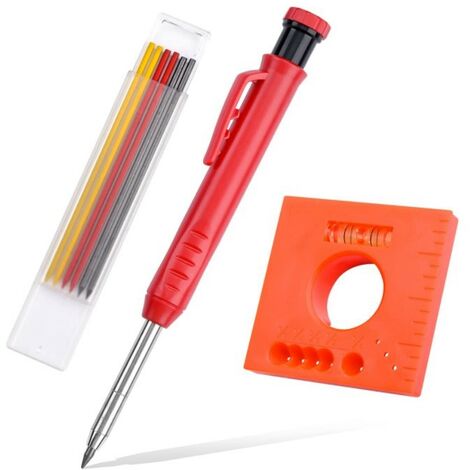 Set de Crayon de Charpentier Solide pour Construction avec 7 Recharges Taille-Crayon Intégré, Marqueur de Crayon Mécanique à Trou Profond à Long Nez pour Fête des Pères (Rouge) (1/5)