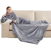 Plaid à Manche Femme - Plaid Couverture avec Manches Polaire Homme Adulte Couverture Manche avec Poches Portables, Plaid Canape Manche TV Hiver, 150x180 cm Gris,Plaid,Plaid et couverture