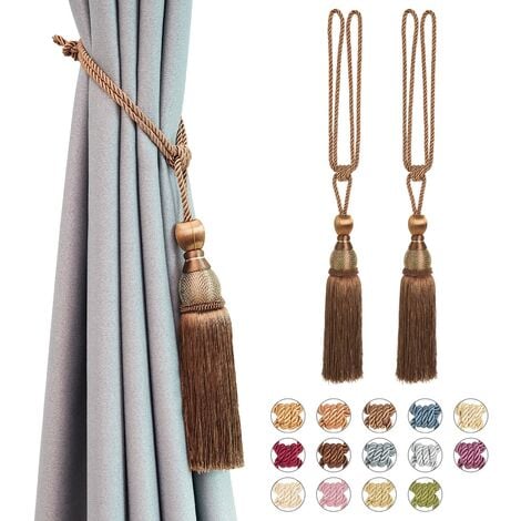 Set aus 2 Gardinen-Raffhaltern aus Mesh mit Quasten und handgeflochtenem  Seil, Vorhang-Raffhalter, drapiert, dekorativ (heller Kaffee)