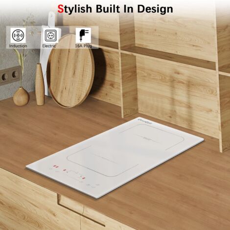 Plaque Induction 2 Feux Prise, Cooksir Verre Céramique Blanc, Plaque de Cuisson Deux Feux Encastrable 29cm,  3500Watts, Zone Combinée, 220V, 16A-Fiche Plaque électrique