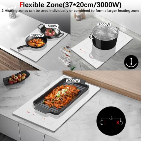 Plaque Induction 2 Feux Prise, Cooksir Verre Céramique Blanc, Plaque de Cuisson Deux Feux Encastrable 29cm,  3500Watts, Zone Combinée, 220V, 16A-Fiche Plaque électrique