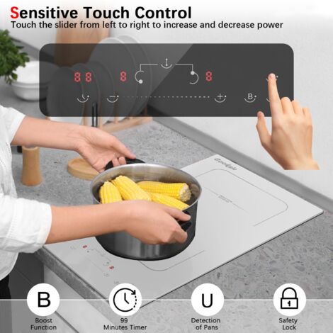 Plaque Induction 2 Feux Prise, Cooksir Verre Céramique Blanc, Plaque de Cuisson Deux Feux Encastrable 29cm,  3500Watts, Zone Combinée, 220V, 16A-Fiche Plaque électrique