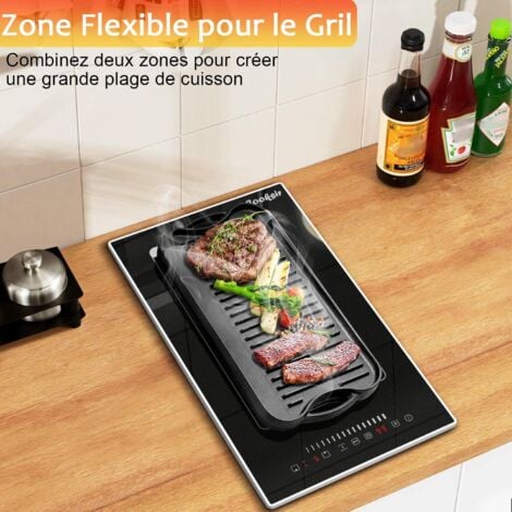 Plaque Induction avec Prise, Plaque à Induction 2 Feux, Plaque de Cuisson électrique Encastrable avec Cadre, 29cm, 3500W, Zone Flexible pour le Gril, Bord Inox, Cooksir
