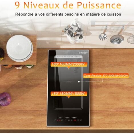 Plaque Induction avec Prise, Plaque à Induction 2 Feux, Plaque de Cuisson électrique Encastrable avec Cadre, 29cm, 3500W, Zone Flexible pour le Gril, Bord Inox, Cooksir