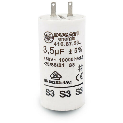 Condensateur 3,5 uF – Tension 450 V AC – Durée de vie 10 000 heures – Cosses 2,8 mm – Compatible moteurs volets roulants – Ducati