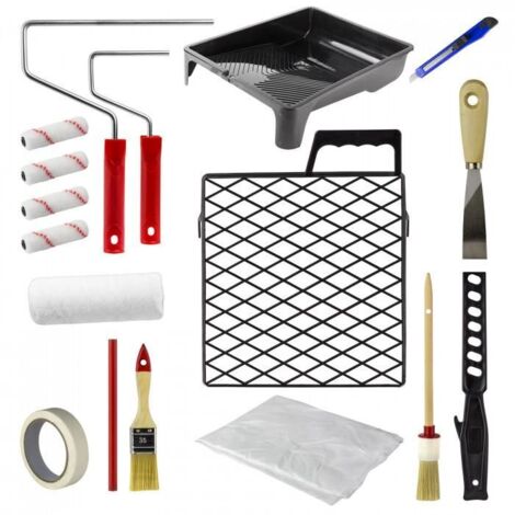 Dema – Set de peinture 17 pièces – 5 rouleaux polyester 210/100 mm – 2 porte-rouleaux acier – Bac 370x290 mm – Pinceaux et accessoires inclus