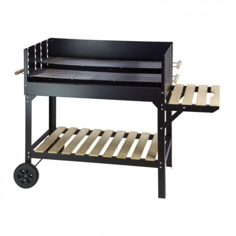 Dema – Barbecue charbon mobile 2 grilles réglables 980x255mm – Surface de cuisson 1000x590mm – Plateau latéral bois – Pour repas conviviaux